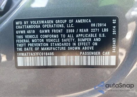 2015 Volkswagen Passat 1.8T Wolfsburg Edition from USA, damaged, VIN 1VWAT7A37FC018495